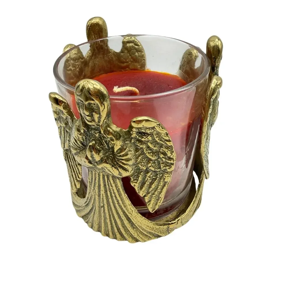 Solid Brass Angel Votive Candle Holder Three Praying Cherubs Glass Cup Korea